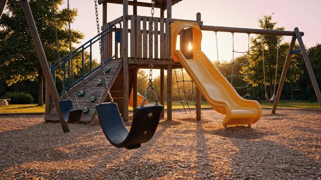 Empty playground with swings and slide at sunset in a public park