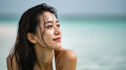 Naklejka premium Beautiful young Asian woman with wet hair and natural glowing skin posing on a blurred beach background during tropical vacation.