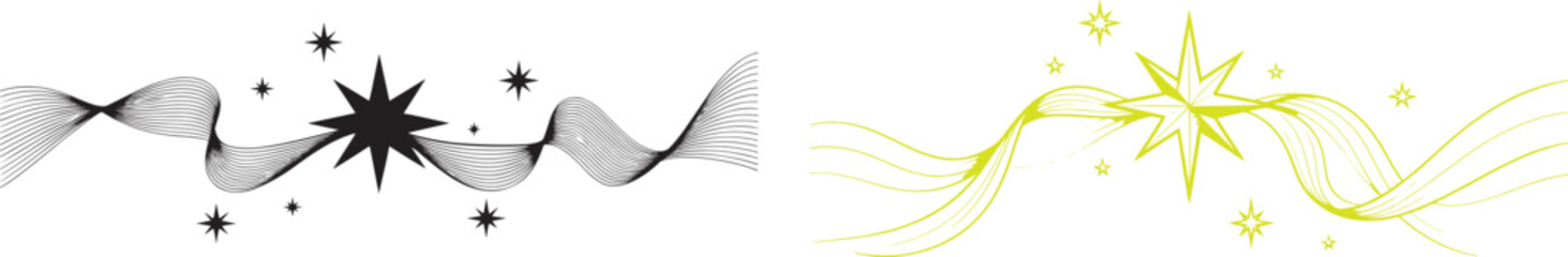 Decorative vector borders with wavy lines and sparkling stars in black and yellow line art style © reza