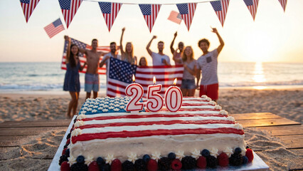 Naklejka premium Fourth of July USA 250th anniversary beach celebration concept for patriotic outdoor holiday gathering including anniversary cake flag bunting and community celebration during sunset