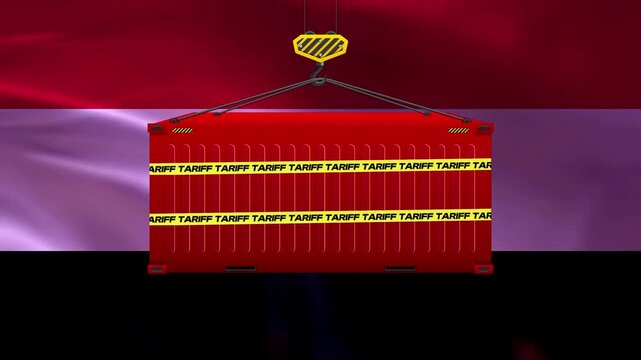 Red Cargo Container Suspended by Crane with Tariff Tape: A red cargo container, secured with yellow caution tape marked Tariff.