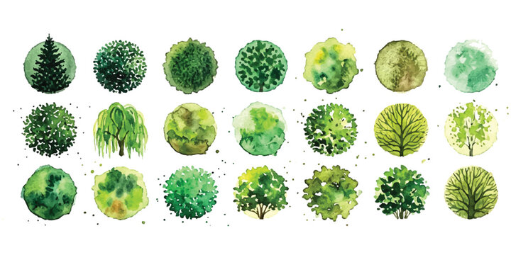 Set of green watercolor trees for landscape design and architectural garden plans