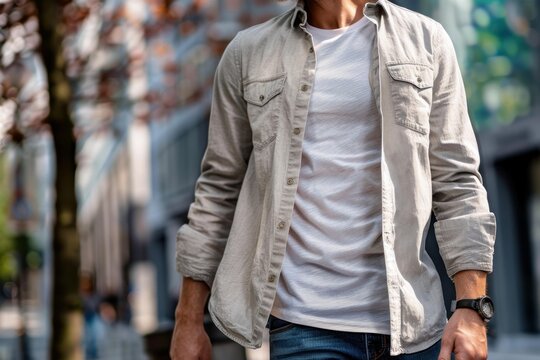 Stylish man wearing an unbuttoned beige overshirt with a white t shirt and blue jeans walking in a blurred urban environment