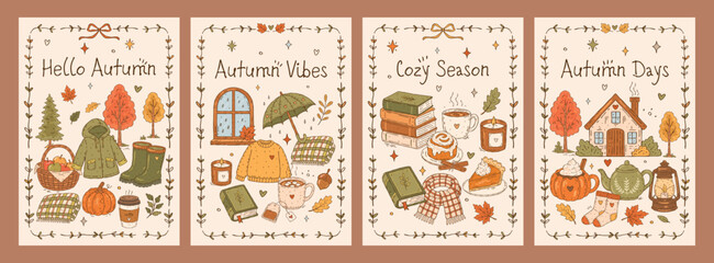 Cozy autumn doodle vector greeting card set with pumpkin, candle, sweater, umbrella, warm drinks and pastries in hand drawn style with soft earthy color palette © Irina Khovanskaya