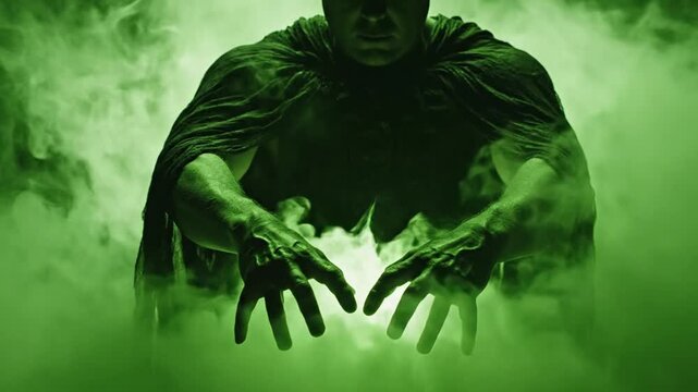 Dark figure in hooded cloak performing magic with glowing green smoke