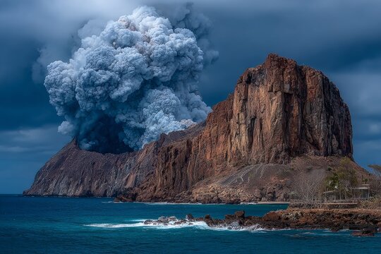 Aerial view of volcanic eruption with ash plume rising from rocky island