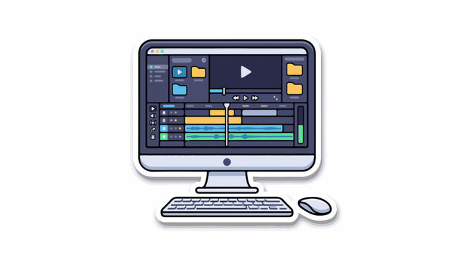 Cartoon computer with video editing software on the monitor