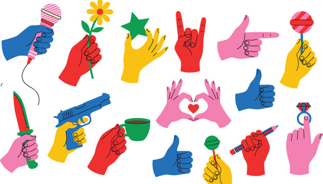Colorful pop art hand gesture vector set holding flower microphone gun knife diamond ring elements