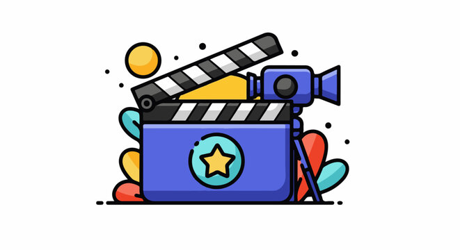 Colorful illustration of a film clapper and camera