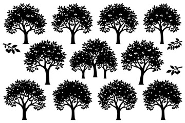 Obraz premium Silhouette collection of apple trees with leaves and fruits.