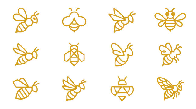 A collection of yellow illustrations of bees flying in different directions on a white background k 82