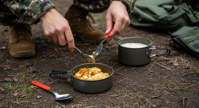 Soldier preparing a ration meal outdoors with camping cookware and utensils, highlighting survival sustenance
