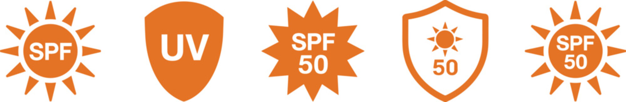 Collection of orange sun and shield icons with SPF and UV labels protection rays