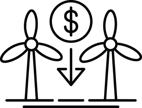 Two wind turbines with a dollar coin and downward arrow icon wind power renewable energy