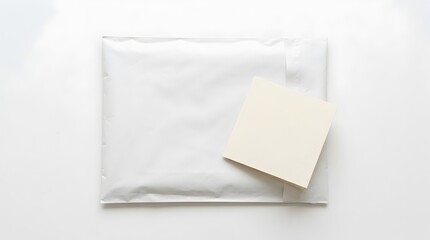 Fototapeta premium White sealed mail envelope package with blank beige sticky note on top isolated on white background