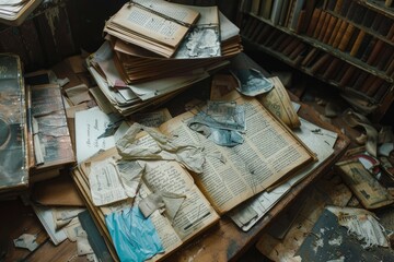 Fototapeta premium Scattered antique books, documents, and torn photographs lay decaying on a dusty table in an abandoned library, evoking a sense of forgotten history