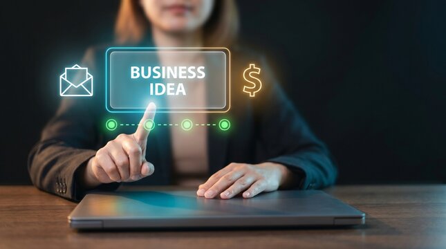 Businesswoman Types on Laptop and Touches Panel to Present Business Idea, Display Email Envelope Icon, Show Dollar Symbol, Track Progress Steps, and Plan Strategic Innovation