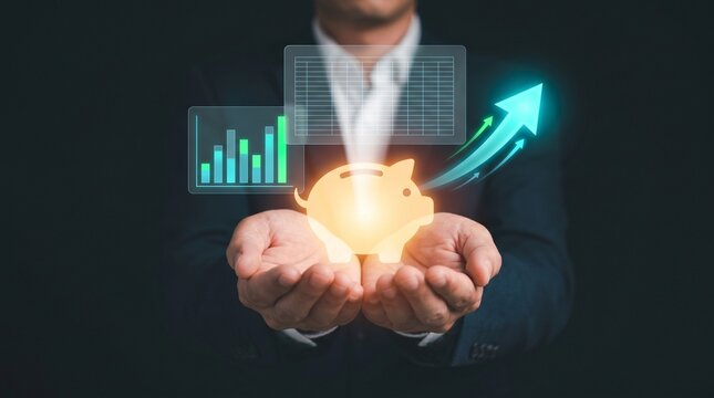 Businessman Extends Cupped Hands to Present Investment Portfolio, Display Glowing Piggy Bank, Show Rising Bar Chart, Track Green Arrow Growth, and Analyze Savings Finance Data