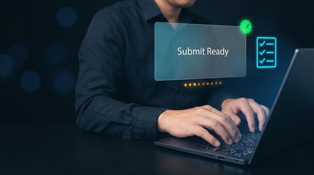 Businessman Types on Laptop at Dark Desk to Submit Digital Form, Display Submit Ready Panel, Confirm Approval Check, Complete Checklist Items, and Manage Online Registration