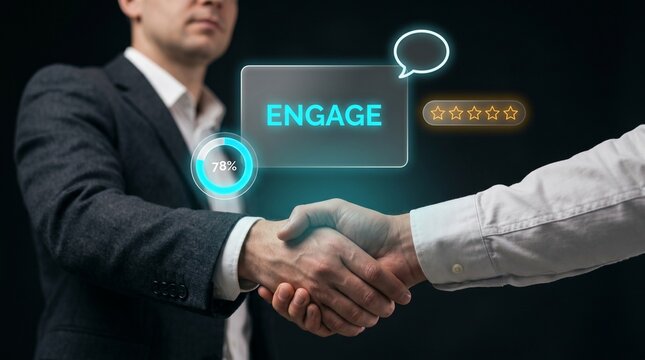 Two Businessmen Shake Hands to Confirm Customer Engagement, Display Percentage Gauge Ring, Open Chat Bubble, Show Star Rating, and Build Corporate Partnership Agreement