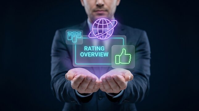 Businessman Extends Cupped Hands to Present Rating Overview, Display Global Globe Icon, Open Chat Comment Bubble, Confirm Thumbs Up, and Track Customer Review Feedback