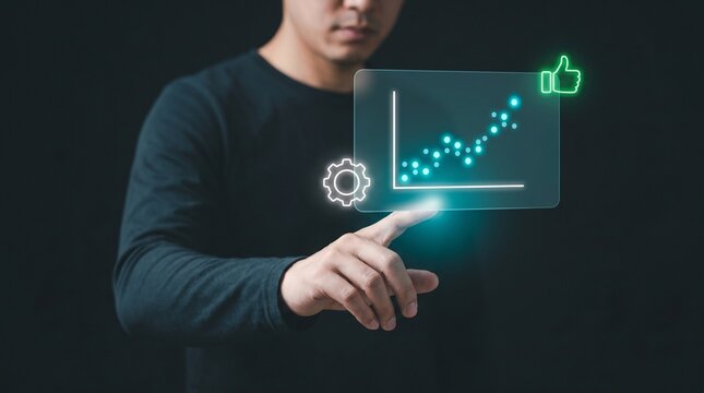 Businessman Touches Glowing Panel to Track Customer Satisfaction, Display Rising Scatter Chart, Show Thumbs Up Icon, Configure Settings Gear, and Analyze Service Feedback Data