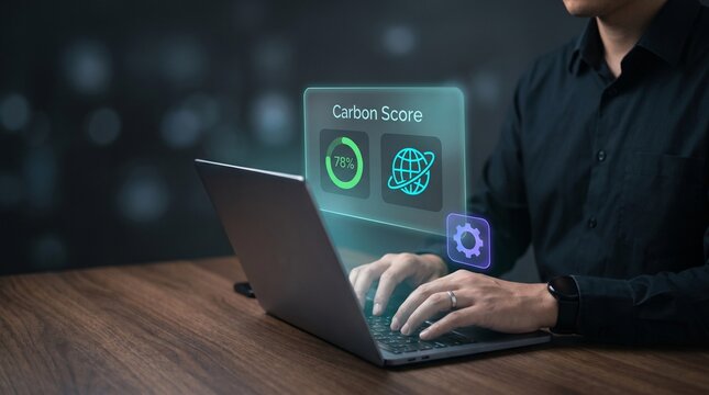 Man Types on Laptop at Dark Desk to Track Carbon Score, Display Percentage Ring, Show Global Globe Icon, Configure Settings Gear, and Promote Sustainable Environment Energy