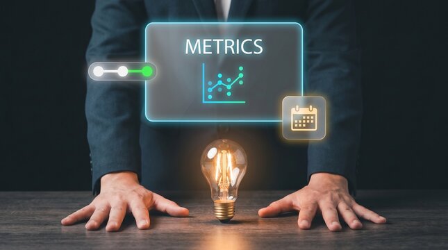 Businessman Holds Glowing Lightbulb in Hands to Present Idea Metrics, Display Rising Line Chart, Connect Progress Steps, Schedule Calendar Date, and Analyze Business Innovation