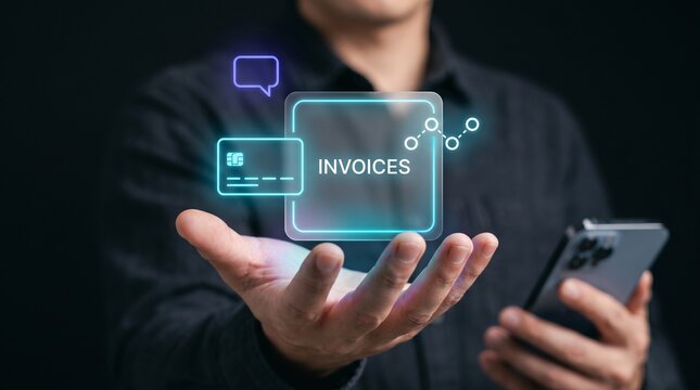 Businessman Extends Open Palm with Smartphone to Present Invoices, Display Payment Card Icon, Open Chat Bubble, Show Scatter Plot, and Manage Billing Finance Documents