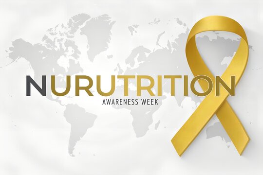 Golden silk awareness ribbon placed next to bold typography representing nutrition awareness week against a soft grey global map background graphic design element for medical campaigns and health char