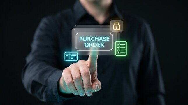Businessman Touches Glowing Panel to Confirm Purchase Order, Display Security Lock Icon, Show Document Card, Confirm Checklist Items, and Manage Procurement Supply Workflow