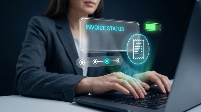 Businesswoman Types on Laptop and Touches Panel to Track Invoice Status, Display Receipt Document Icon, Activate Toggle Switch, Track Progress Steps, and Manage Billing Workflow