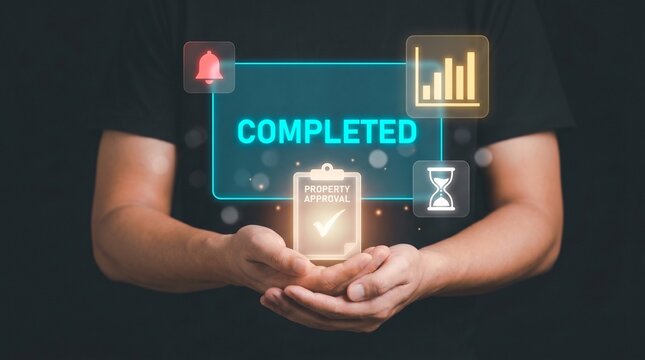 Businessman Extends Cupped Hands to Present Property Approval, Display Completed Clipboard Icon, Trigger Notification Bell, Show Bar Chart, and Track Document Verification Status