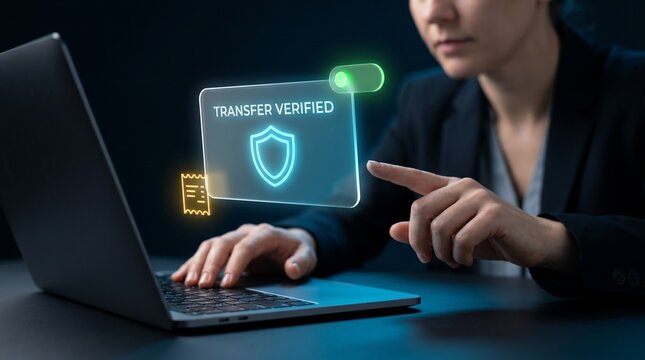 Businesswoman Types on Laptop and Touches Panel to Verify Transfer, Display Protection Shield Icon, Show Billing Receipt, Activate Toggle Switch, and Secure Banking Transaction