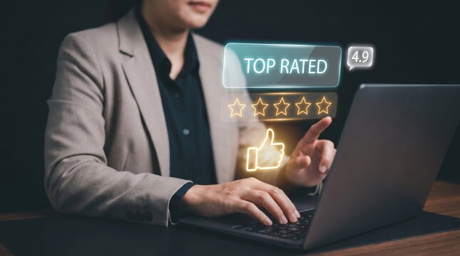 Businesswoman Types on Laptop and Touches Panel to Confirm Top Rated Score, Display Five Star Rating, Show Thumbs Up Icon, Track Numeric Value, and Analyze Customer Feedback