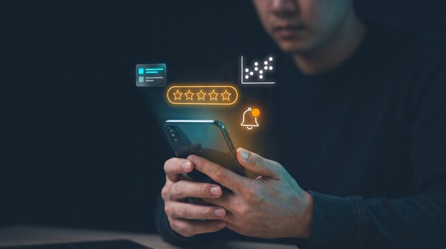 Man Holds Smartphone in Hands to Confirm Star Rating, Display Five Star Icon, Trigger Notification Bell, Show Scatter Plot, and Track Customer Review Feedback Data