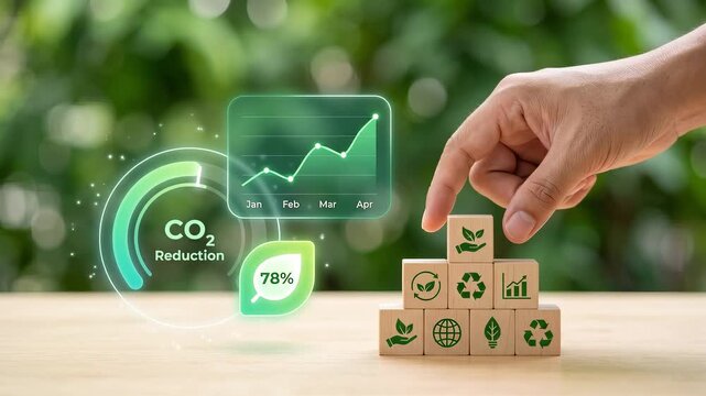 Hand Stacks Wooden Blocks with Green Icons on Desk to Promote Carbon Reduction, Track Environmental Goals, Support Recycling Efforts, Monitor Sustainability, and Protect Nature