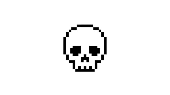 Pixelated skull icon representing danger, death, or a warning symbol in a retro video game style on transparent background