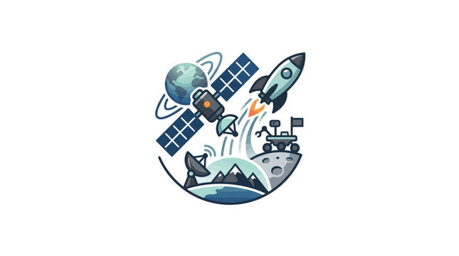 Pixel art space exploration mission with rocket satellite and rover