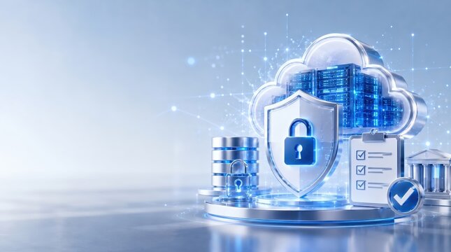 Cloud shield protection and digital security server infrastructure represent encrypted data storage systems set against a soft blue gradient background for technology and enterprise applications.