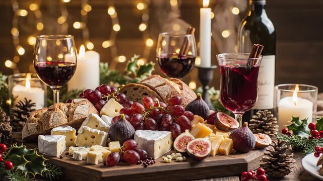 Festive holiday charcuterie board with cheese, red wine, and fruit on a cozy winter table with Christmas bokeh lights.