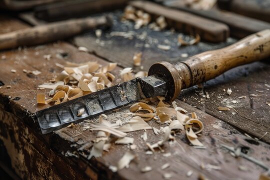 Carpenter's tools and wood shavings creating a textured workspace scene