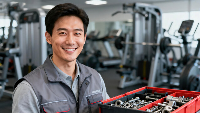 Cheerful Asian male gym equipment repair specialist grey vest tool box fitness room backdrop