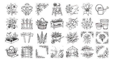 Obraz premium Hand drawn garden icons set, 28 vintage botanical line art illustrations, rustic gardening tools and floral elements vector collection