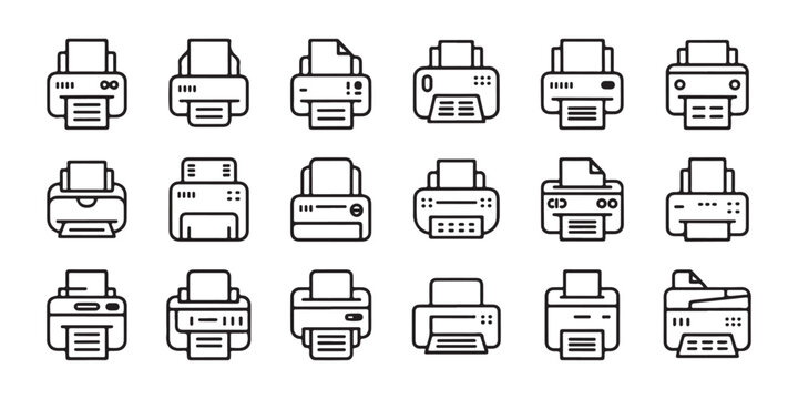 Office printer line icon collection featuring various hardware designs isolated on transparent background.