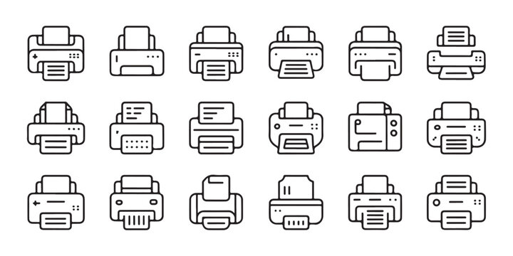 Set of 20 printer line icons, laser printer outline, inkjet printer, office printer symbol.