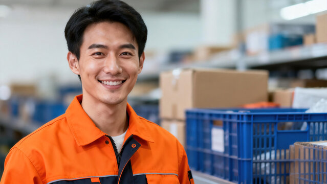 Smiling asian male warehouse worker orange uniform crate storage background portrait