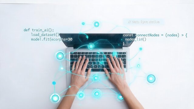 Hands typing on laptop with digital code