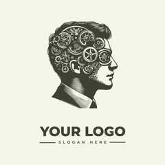 Profile portrait of a man with mechanical gears inside his head representing intelligence and engineering. © hid