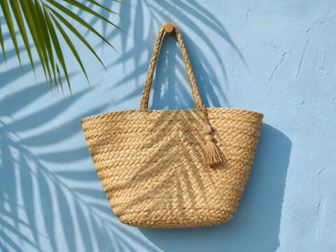 Woven straw beach bag hanging on a textured light blue wall, tropical palm leaf shadows falling across the natural fibers.